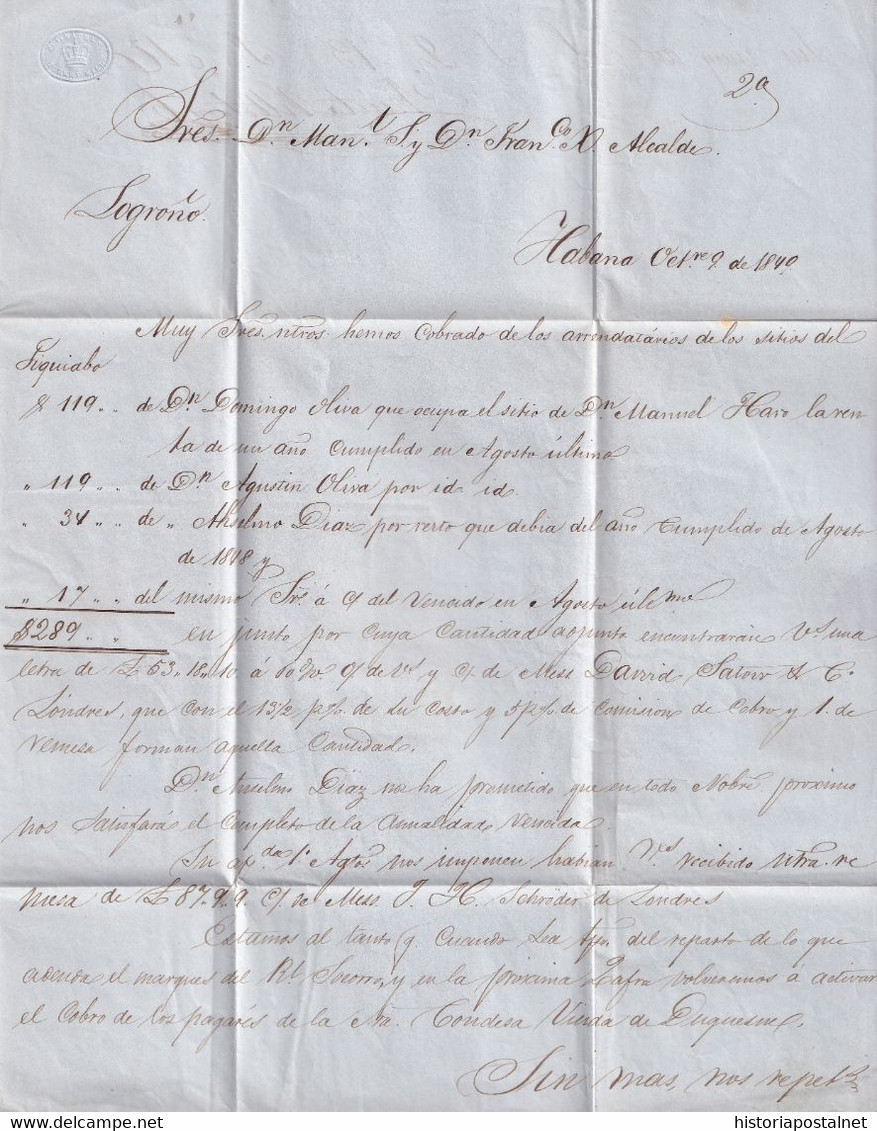 1849. LA HABANA A LOGROÑO. MARCA CORREO MARITIMO Nº 3 Y FRANCO RECERCADO. EMPRESA CORREOS MARÍTIMOS. MUY BONITA. - Prefilatelia