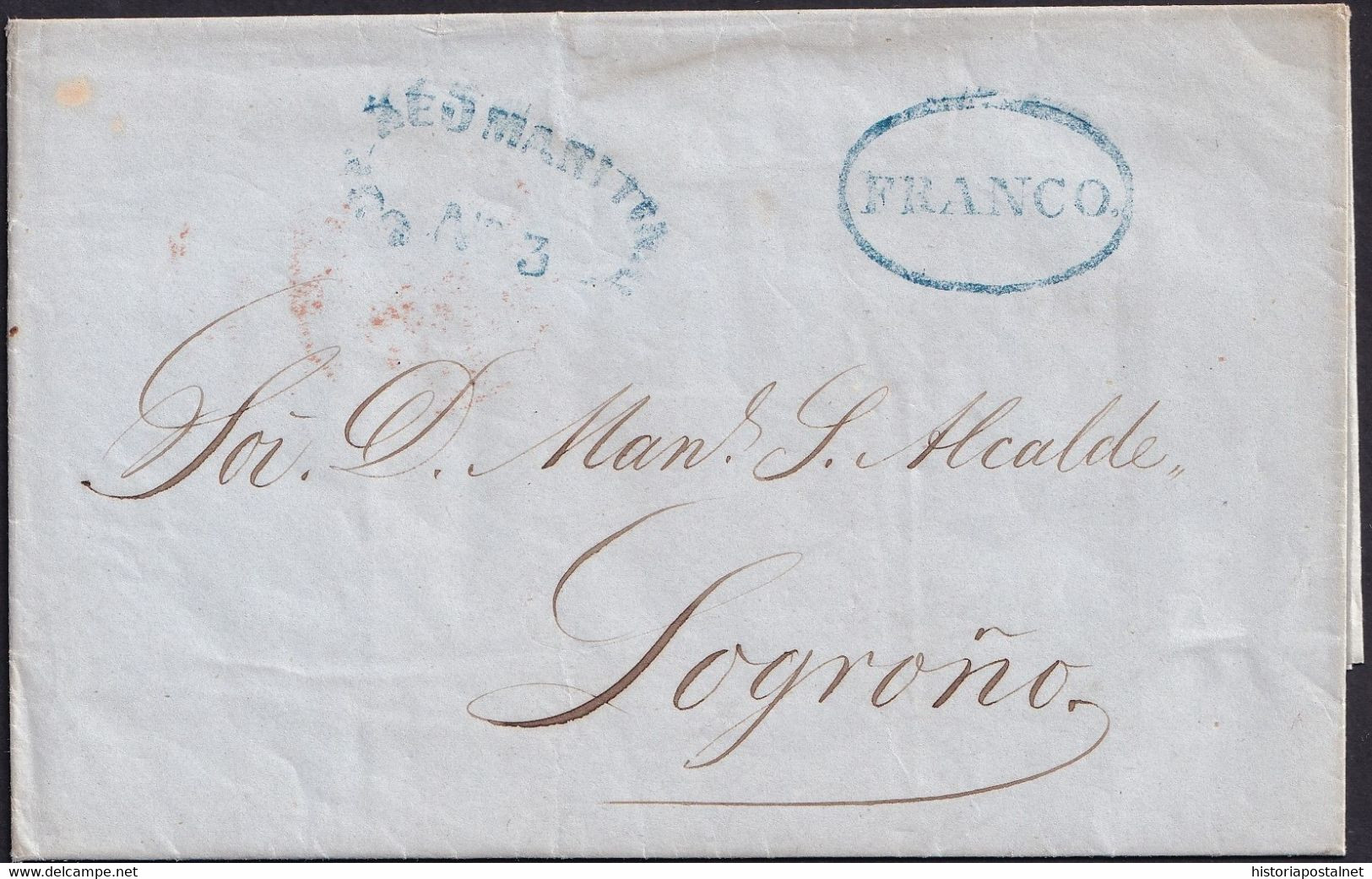 1849. LA HABANA A LOGROÑO. MARCA CORREO MARITIMO Nº 3 Y FRANCO RECERCADO. EMPRESA CORREOS MARÍTIMOS. MUY BONITA. - Prefilatelia