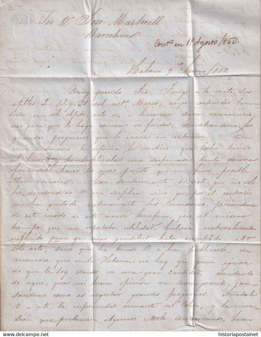 1850. LA HABANA A BARCELONA. MARCA CORREO MARITIMO Nº 5 Y FRANCO RECERCADO SIN PUNTO. 6 MARAVEDÍS. RARÍSIMO SOBRECARGO. - Préphilatélie