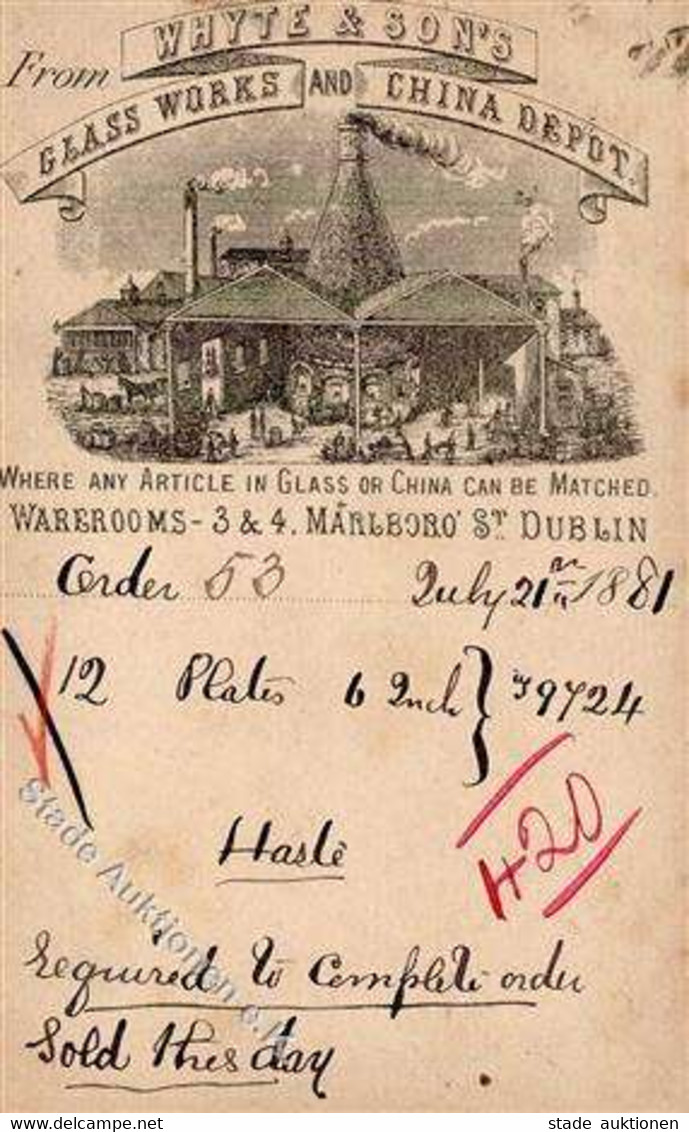 Vorläufer 1881 Ganzsache England Whyte & Son's Glass Works An China Depot. Dublin Miniaturpostkarte 12,1 X 7,4 Cm I-II ( - Autres & Non Classés