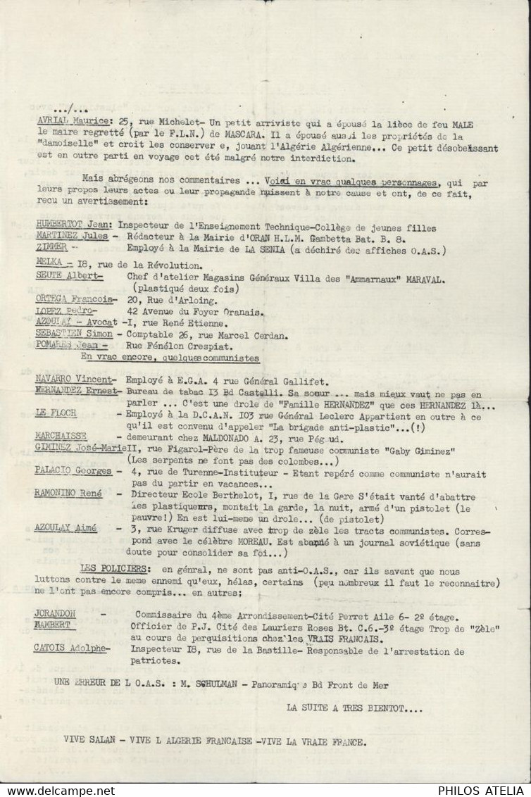 Tract OAS Organisation Armée Secrète Guerre D'Algérie Liste Personnalités Plastiqués Par O.A.S. Pro FNL F.N.L. - Historical Documents