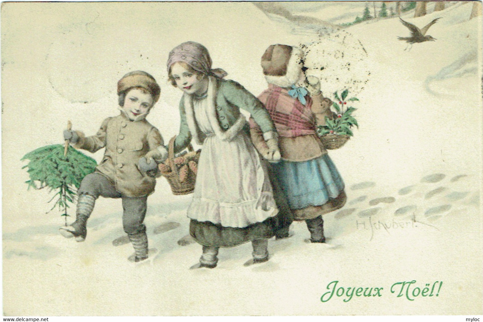 Illustrateur : SCHUBERT,H.  M.M.Vienne. M.Munk. Enfants Dans La Neige. Joyeux Noël. - Schubert