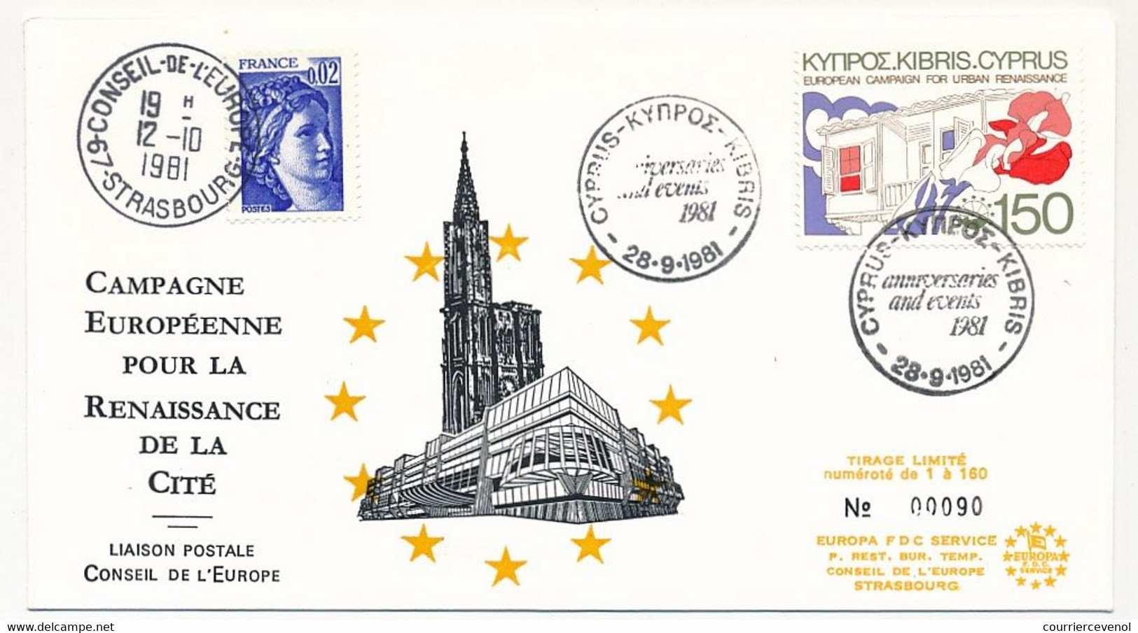 CHYPRE - Env. Commémo "Campagne Européenne Pour La Renaissance De La Cité" 28/9/1981 + Cachet Strasbourg - Briefe U. Dokumente