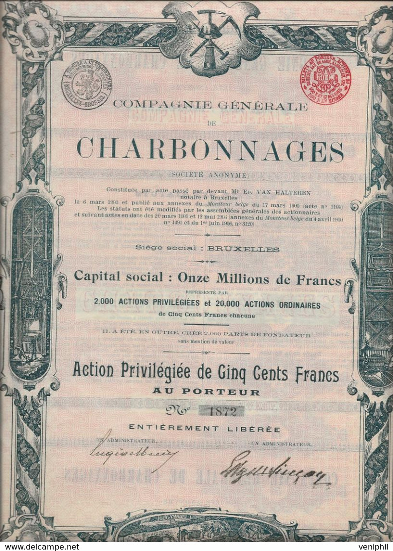COMPAGNIE GENERALE DE CHARBONNAGE -ACTION PRIVILEGIEE DE 500 FRS (EMISSION 2000 EXEMPLAIRES) -ANNEE 1906 - Mines