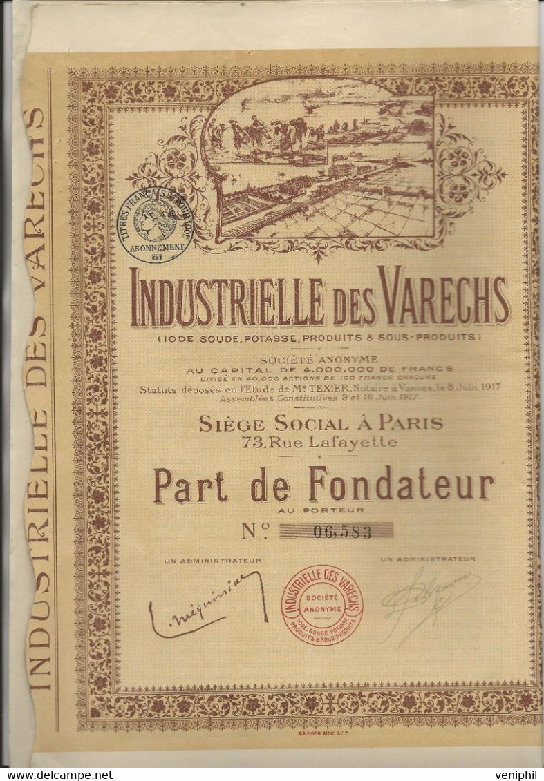 LOT DE 5 PARTS DE FONDATEUR INDUSTRIELLE DES VARECHS - ANNEE 1917 - Agriculture