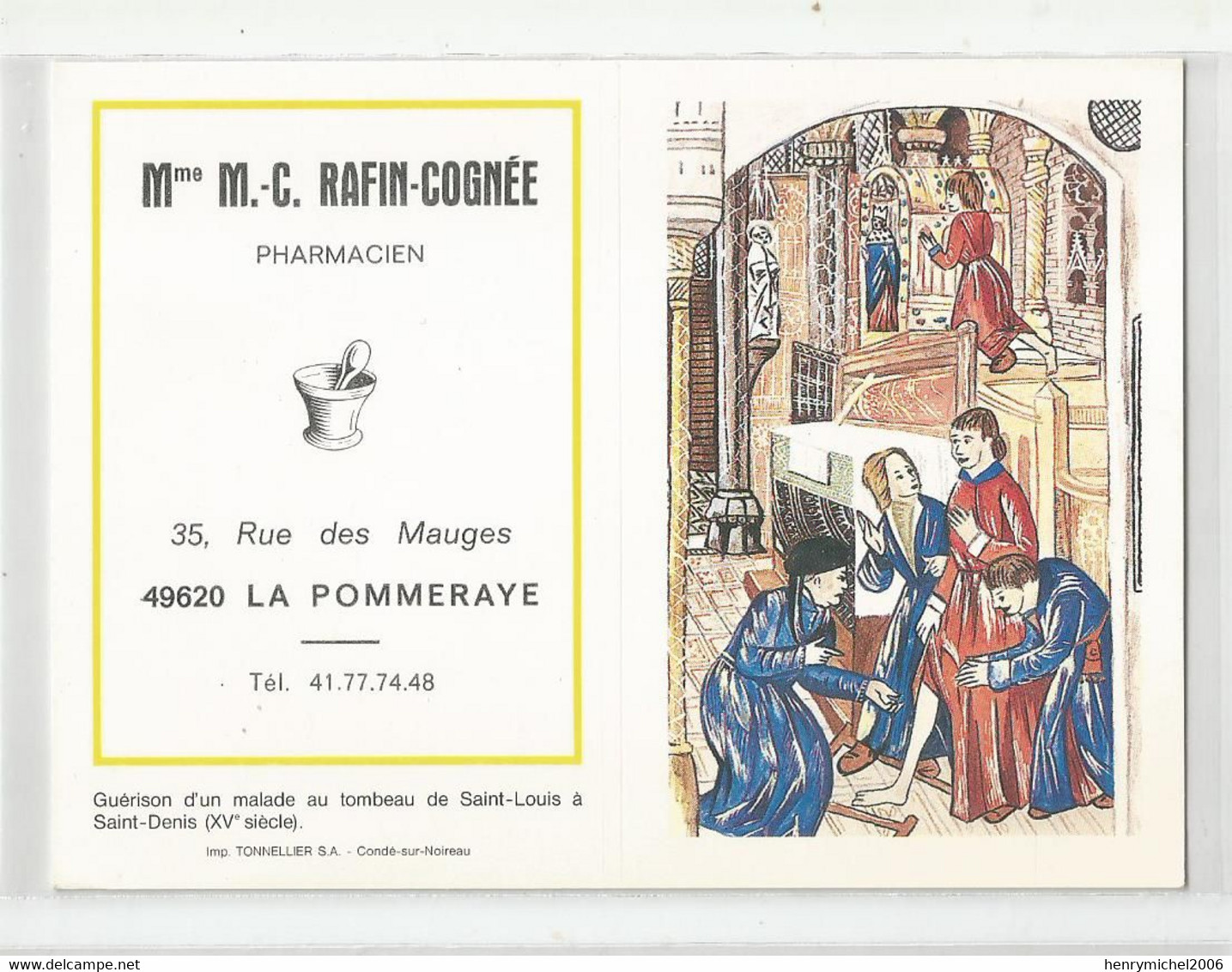Carte De Visite La Pommeraye 49 Maine Et Loire Rafin Pharmacie 35 Rue Des Mauges Calendrier 1988 13x9,5 Cm - Cartes De Visite