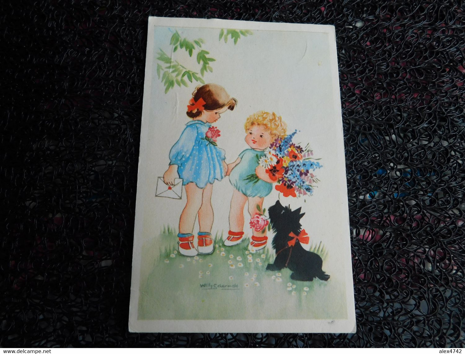 Willy Schermelé, 2 Petites Filles, Fleurs, Enveloppe, Chien, 2 Meisjes, Bloemen, Envelop, Hond (E11) - Schermele, Willy
