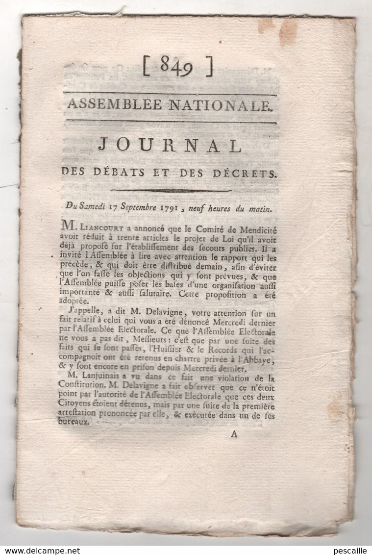 REVOLUTION FRANCAISE JOURNAL DES DEBATS 17 09 1791 - HUISSIER EMPRISONNE POLICE DE L'ASSEMBLEE - TRIBUNAUX - PATENTES - - Zeitungen - Vor 1800