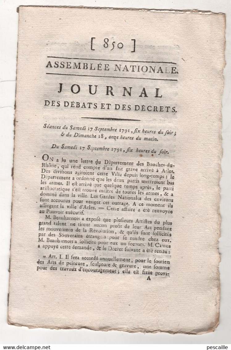 REVOLUTION FRANCAISE JOURNAL DES DEBATS 17 09 1791 - ARLES - BEAUHARNAIS ARTISTES - CENT-SUISSES - MARECHAUSSEE - GRAINS - Zeitungen - Vor 1800