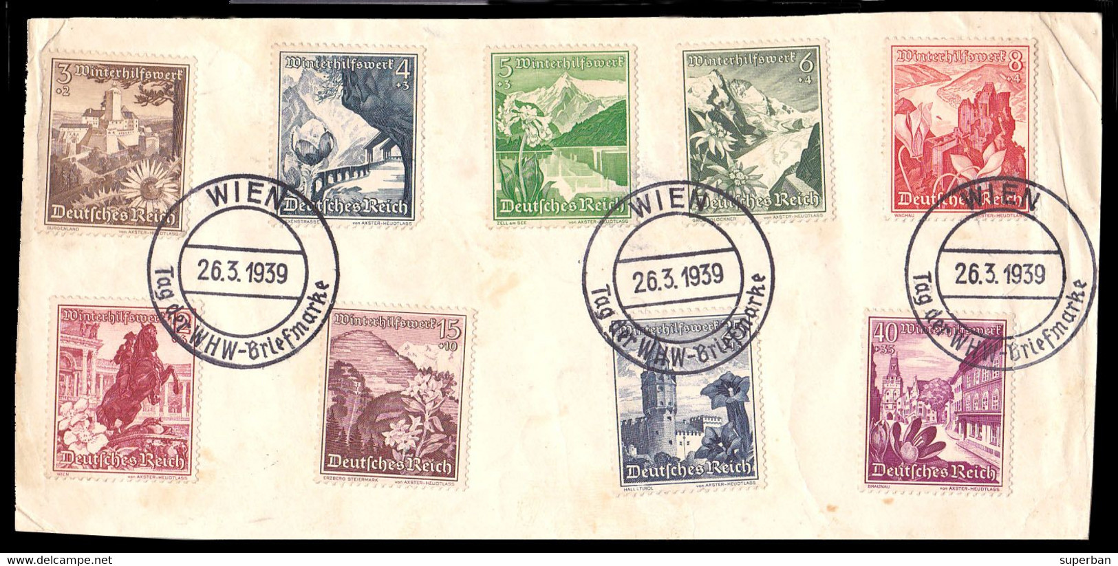 GERMANY / DEUTSCHES REICH : WINTERHILFSWERK 1938 (Mi. 675 - 683) - TAG DER WHW BRIEFMARKE / WIEN - 26.3.1939 (ah004) - Covers & Documents