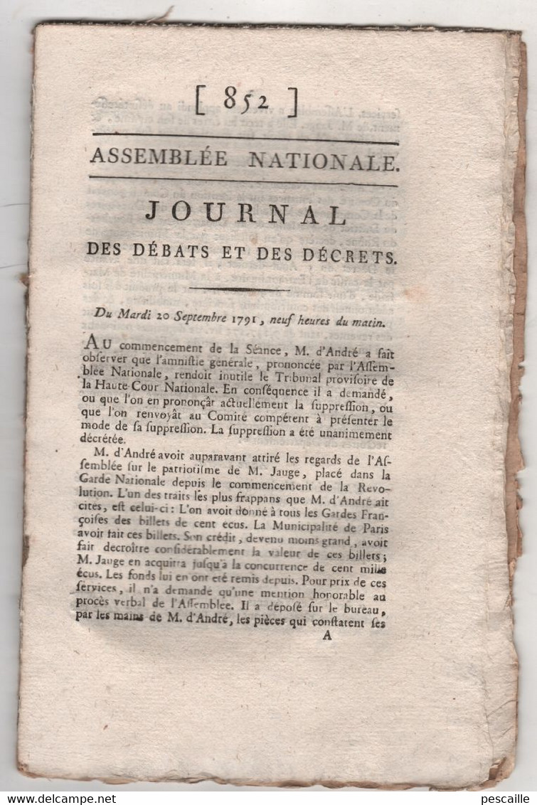 REVOLUTION FRANCAISE JOURNAL DES DEBATS 20 09 1791 - GARDE NATIONALE JAUGE - COUR MARTIALE MARITIME - MARINE - Giornali - Ante 1800