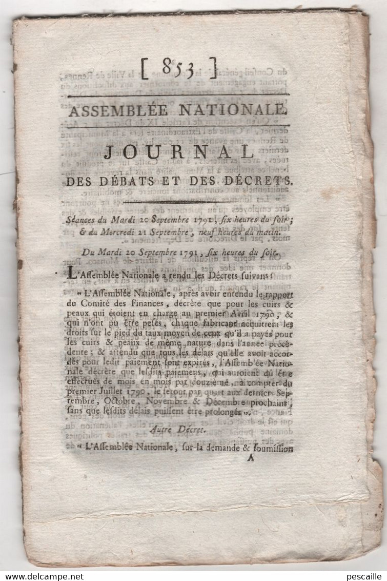 REVOLUTION FRANCAISE JOURNAL DES DEBATS 20 09 1791 - CUIRS - MONACO - RENNES - ARCHIVES ASSEMBLEE - POLICE / PARIS ... - Zeitungen - Vor 1800