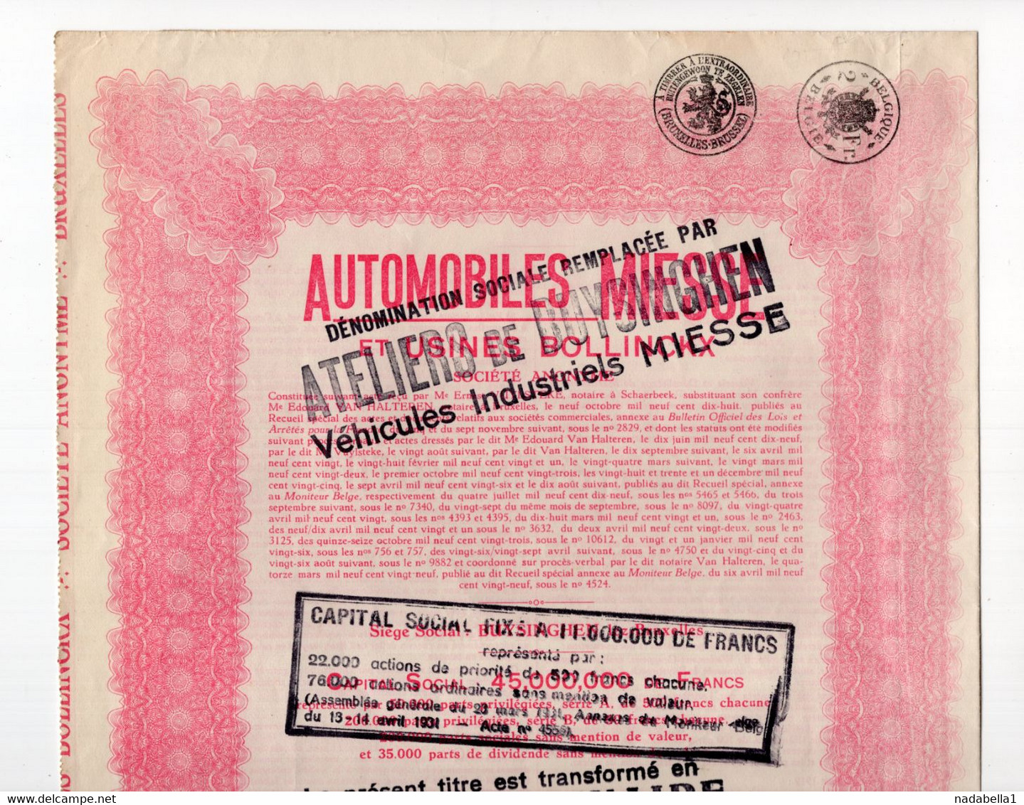 1931?  BELGIUM,BRUSSELS,AUTOMOBILES MIESSE, CAR SHOW, 500 FRANCS SHARE CERTIFICATE - Auto's