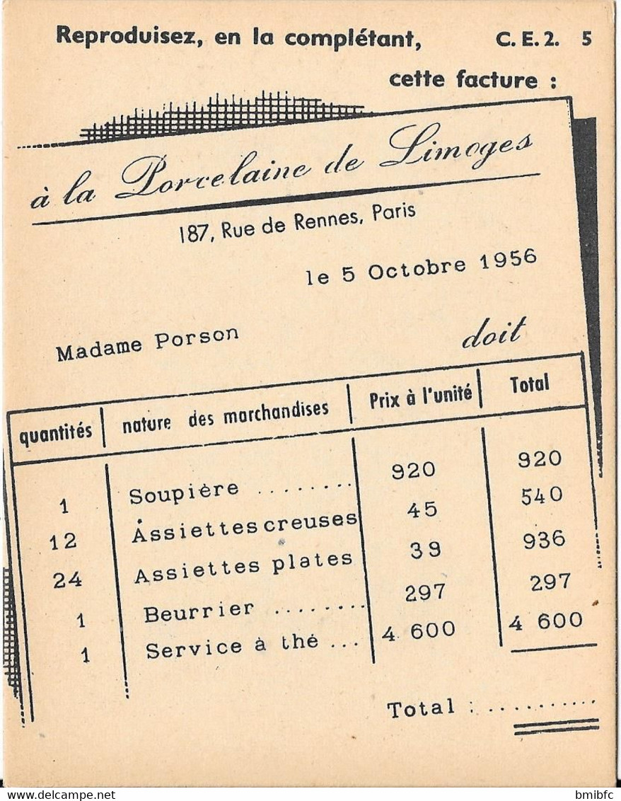 Fiche Cartonnée Thème Mathématiques - Calcul - C.E.2 -  Reproduisez, En La Complétant, Cette Facture : ............. - Fiches Didactiques