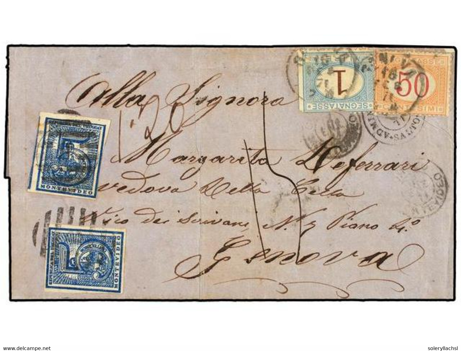 URUGUAY. 1871. SALTO A GÉNOVA. 5 Ctvos. Azul (2). Circulada Vía Montevideo, Tasada A La Llegada Con Sellos Italianos De  - Andere & Zonder Classificatie