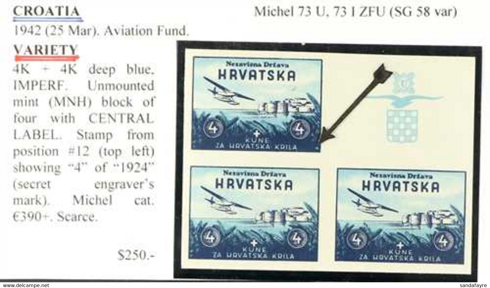 1942 4k+4k Blue Aviation Fund IMPERF (Michel 73 U, SG 58 Var), Never Hinged Mint BLOCK Of 4 With Central Label, One Stam - Croatia