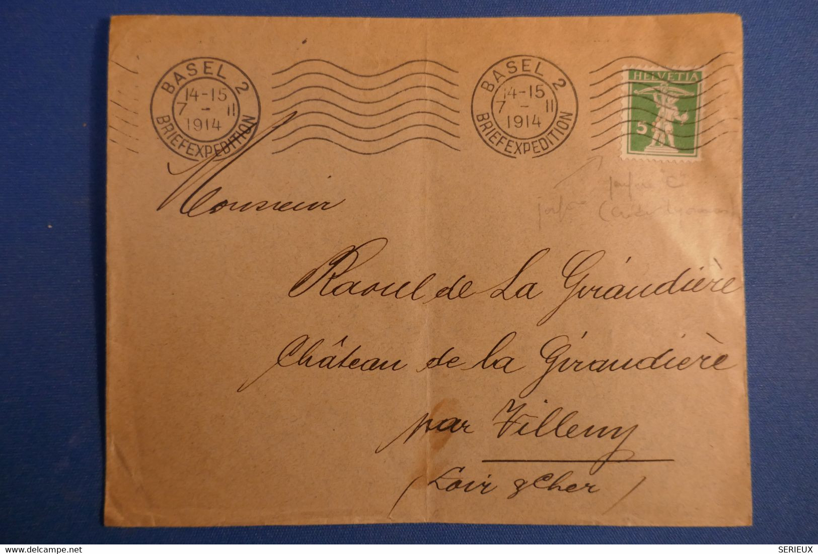 R11 SUISSE BELLE LETTRE TIMBRE PERFORATED 1914 BASEL A VILLENY+ PERFORé CREDIT LYONNAIS+ AFFRANCH PLAISANT - Perfin