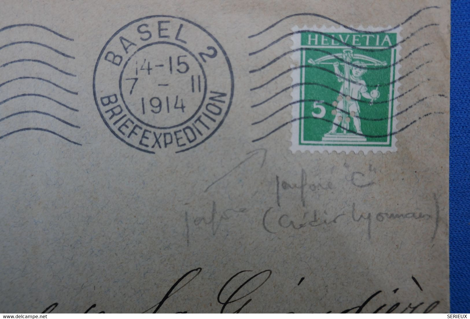 R11 SUISSE BELLE LETTRE TIMBRE PERFORATED 1914 BASEL A VILLENY+ PERFORé CREDIT LYONNAIS+ AFFRANCH PLAISANT - Perfins