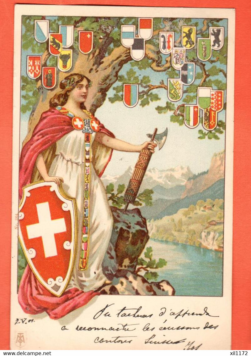 ZOBB-22 Litho Dame Helvetia Avec Blasons Des Cantons. Wappen Kantonen. Circulé 1901,Dos Simple. - St. Anton