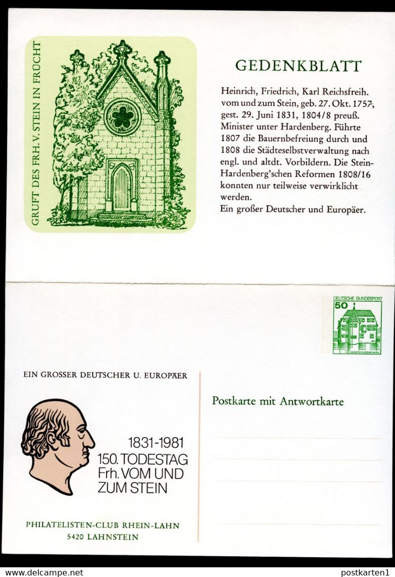 Bund PP141 FREIHERR VON UND ZUM STEIN Lahnstein 1981 NGK 5,00 € - Postales Privados - Nuevos