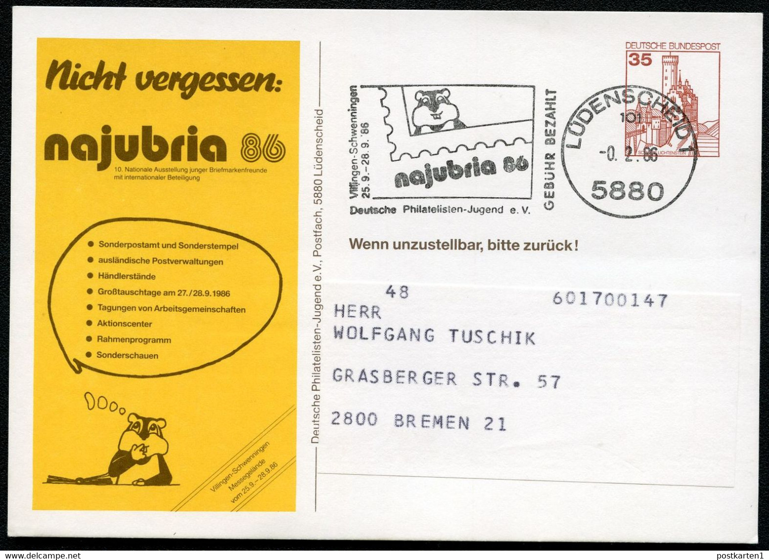 Bund PP148 D2/002 NAJUBRIA Sost. Lüdenscheid 1986 NGK 5,00 € - Private Postcards - Used