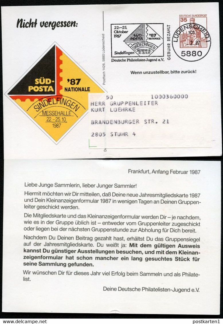 Bund PP148 D2/003 SÜDPOSTA SINDELFINGEN 1987 Gebraucht Lüdenscheid 1987 - Private Postcards - Used