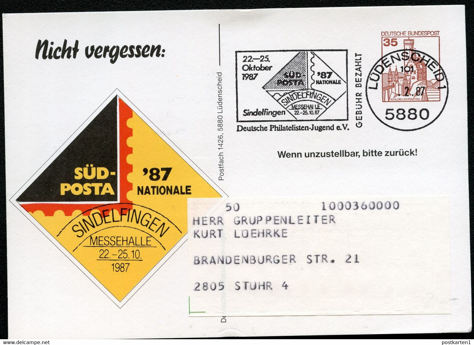 Bund PP148 D2/003 SÜDPOSTA SINDELFINGEN 1987 Gebraucht Lüdenscheid 1987 - Cartes Postales Privées - Oblitérées