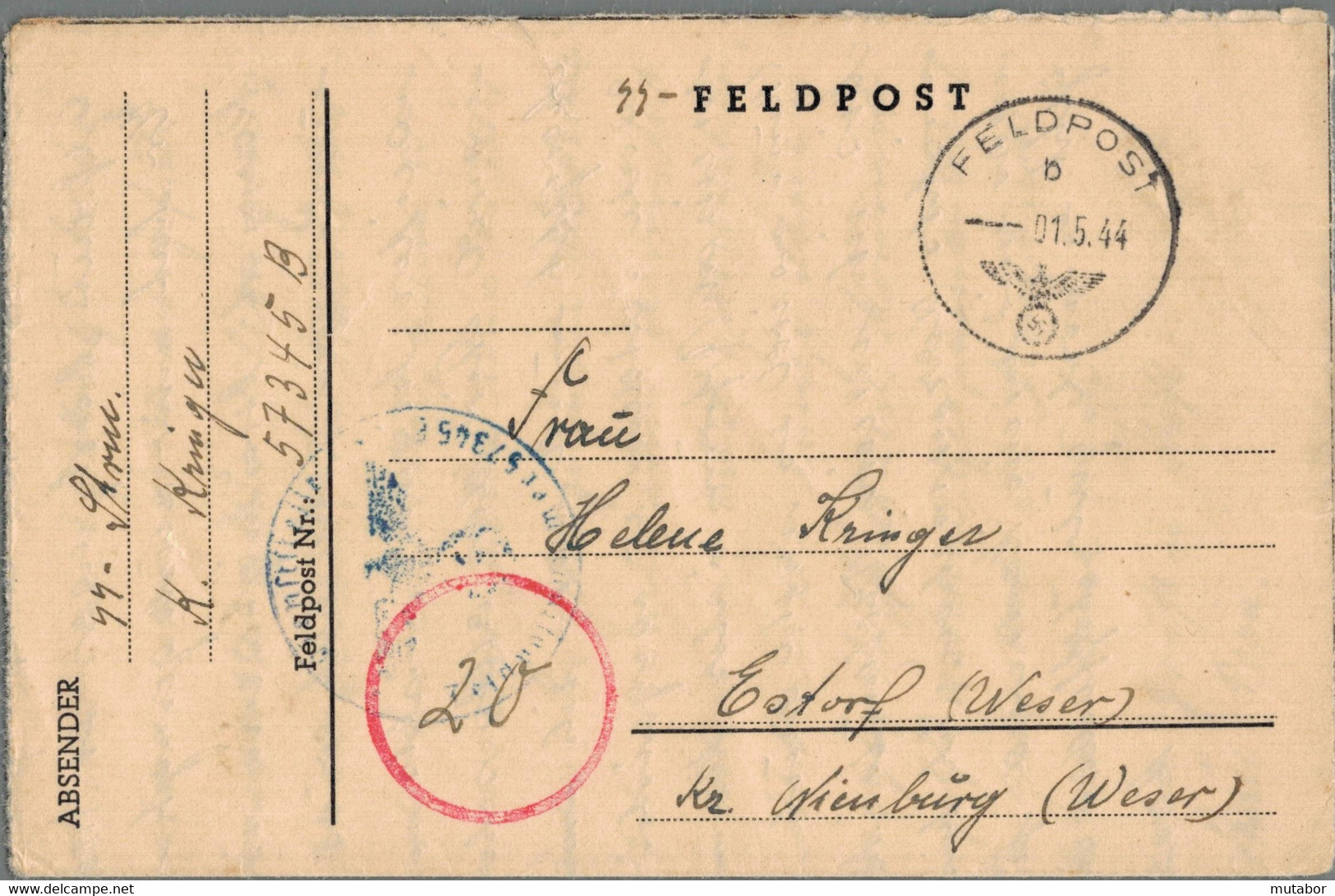 1944 SS-Feldpost M. Kontollstempel - Officials