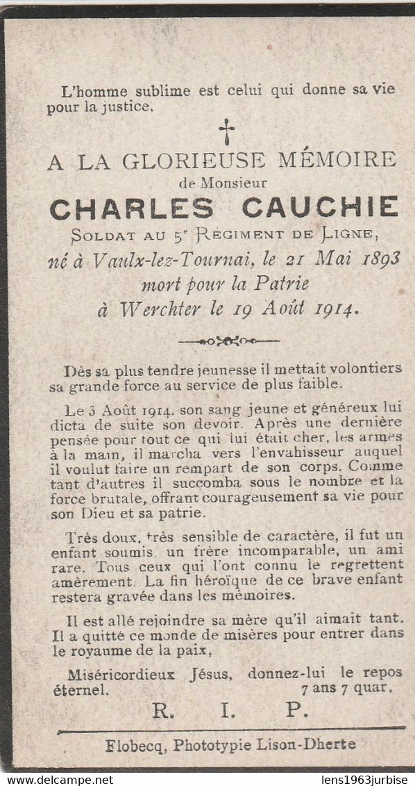 ABL, Charles Cauchie , Né à Vaulx - Les - Tombes Le 21 Mai 1893,mort Pour La Patrie à Werchter Le 19 Août 1914 - Todesanzeige