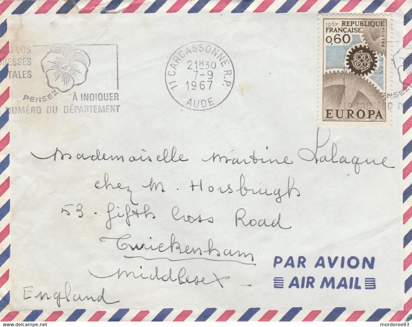 EUROPA YT 1522 SEUL SUR LETTRE AVION CARCASSONNE AUDE 7/9/67 POUR L ANGLETERRE - 1961-....