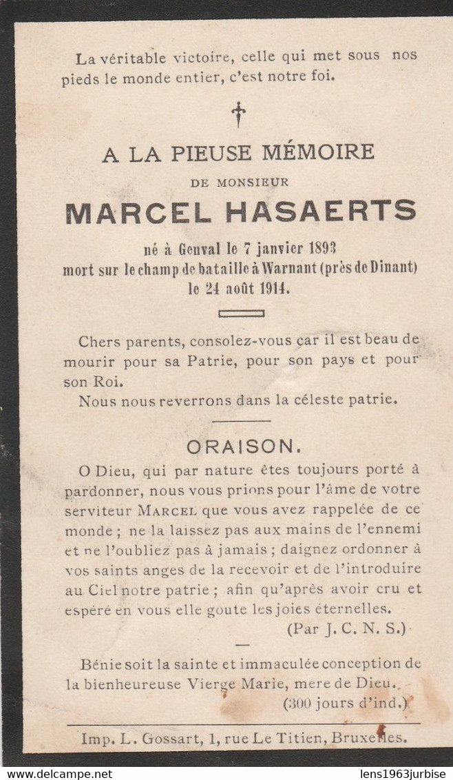 ABL, Marcel Hasaerts , Né à Genval Le 7 Janvier 1893 Mort Sur Champ De Bataille à Warnant Le 24août 1914 - Avvisi Di Necrologio