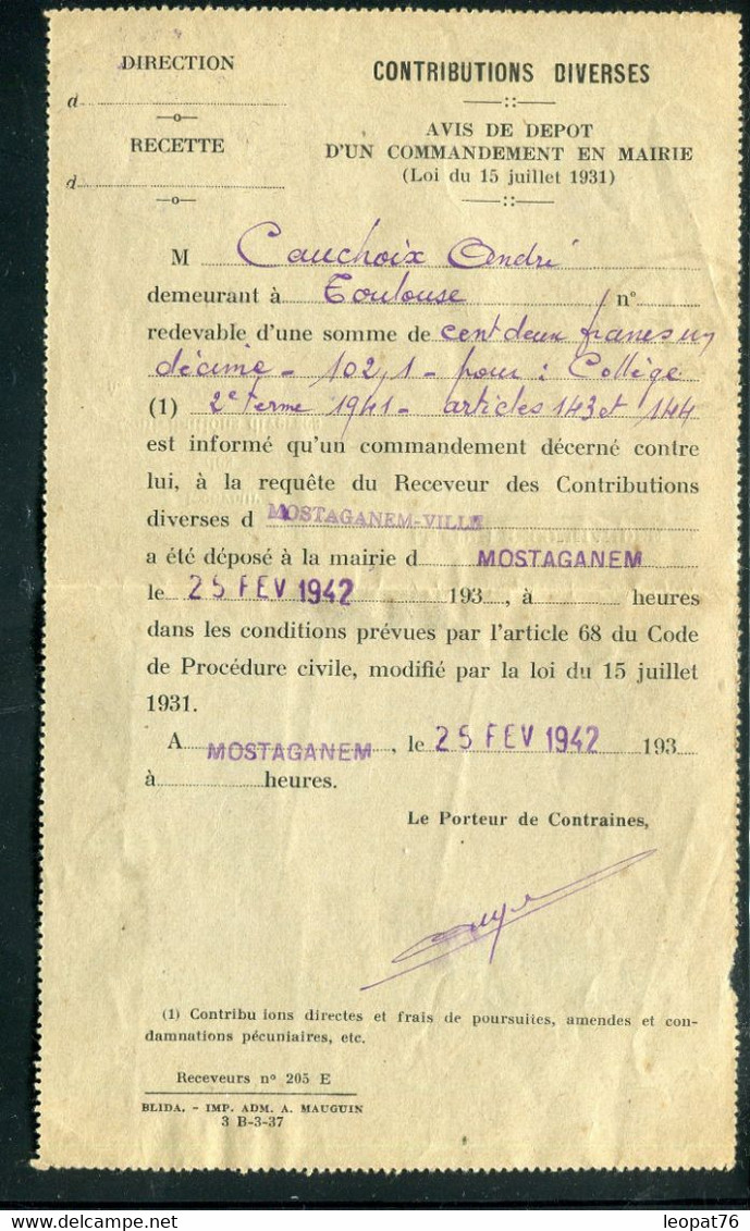 Algérie - Lettre Recommandé Des Contributions De Mostaganem Pour Un Policier à Toulouse Et Redirigé En 1942 - Ref A56 - Cartas & Documentos