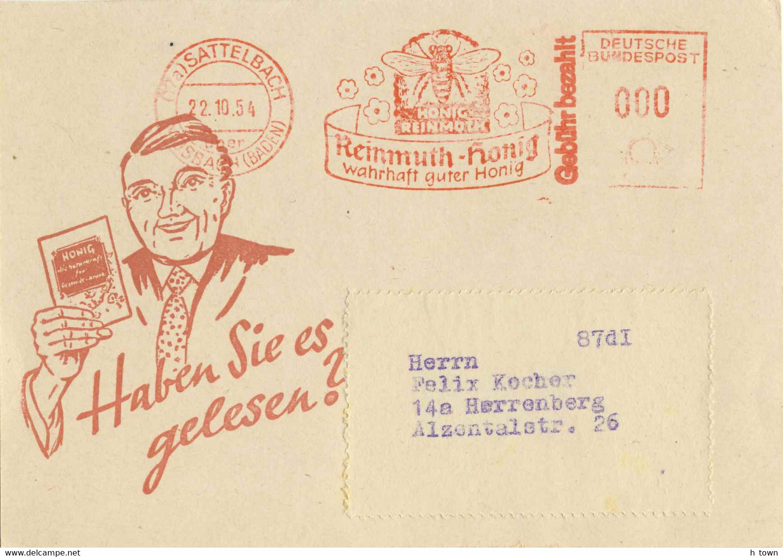 125  Apiculture, Miel, Abeille: Ema D'Allemagne, 1954 - Beekeeping, Honey Meter Stamp From Sattelbach Mosbach Bee - Honeybees