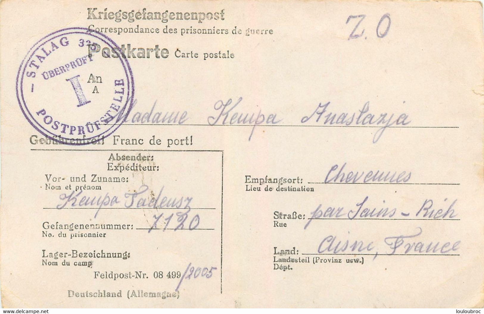 COURRIER 07/1942 PRISONNIER KEMPA TADEUSZ STALAG 325  MORT A AUSCHWITZ  LE 12/06/1944 ENVOYEE A SA FEMME A CHEVENNES - Covers & Documents