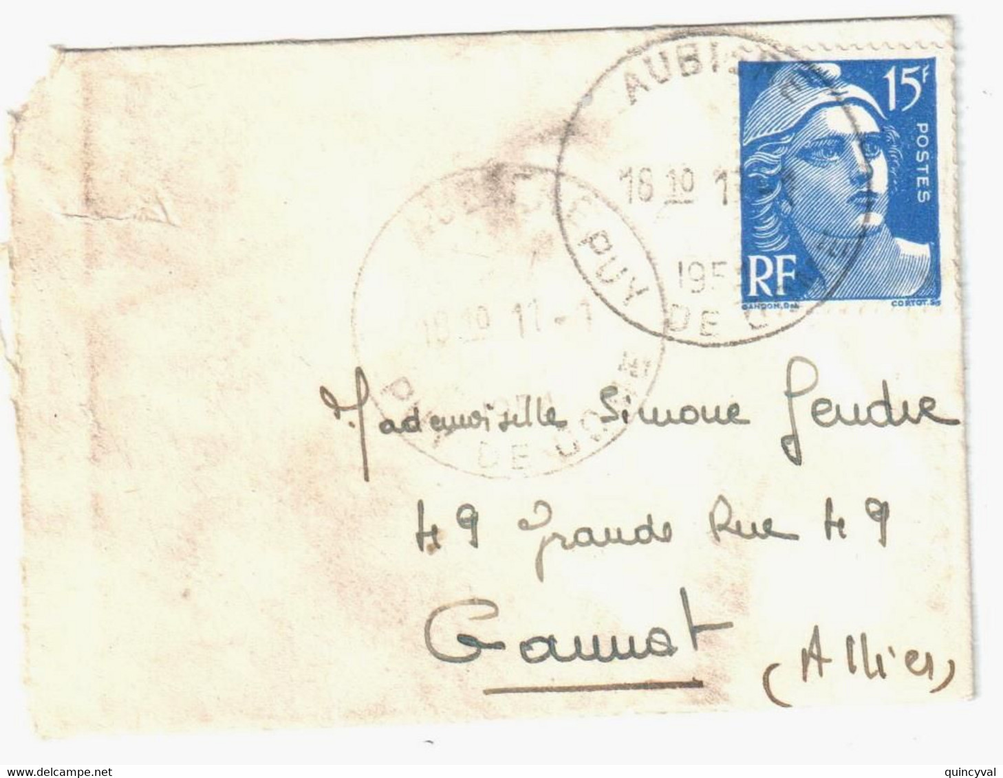 AUBIERE Puy De Dôme Carte De Visite Mignonnette 15 F Gandon Bleu Yv 886 Ob 1954 - Storia Postale