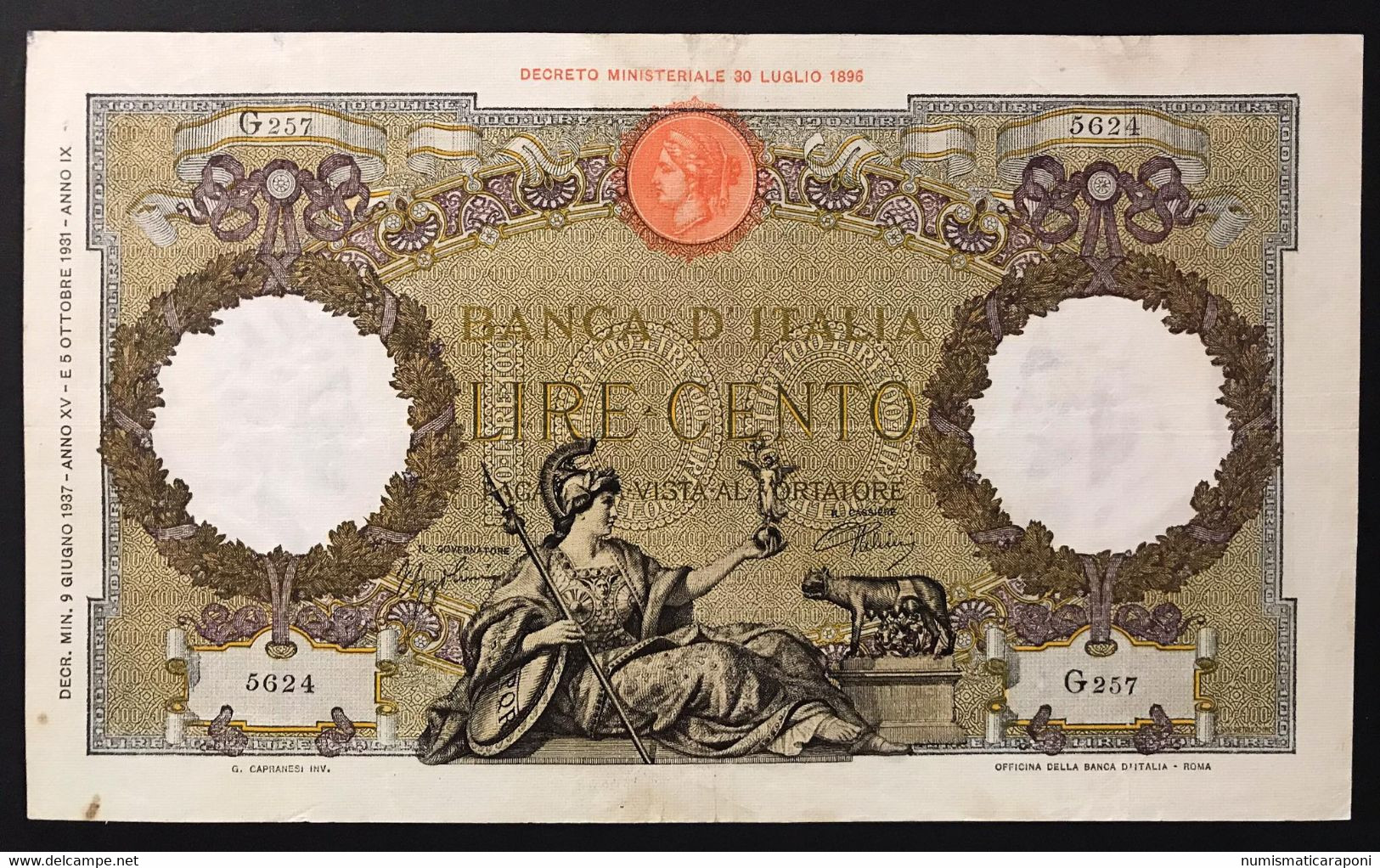 100 Lire Roma Guerriera Fascio Roma 09 06 1937 BEL BIGLIETTO Naturale LOTTO 3494 - 100 Liras