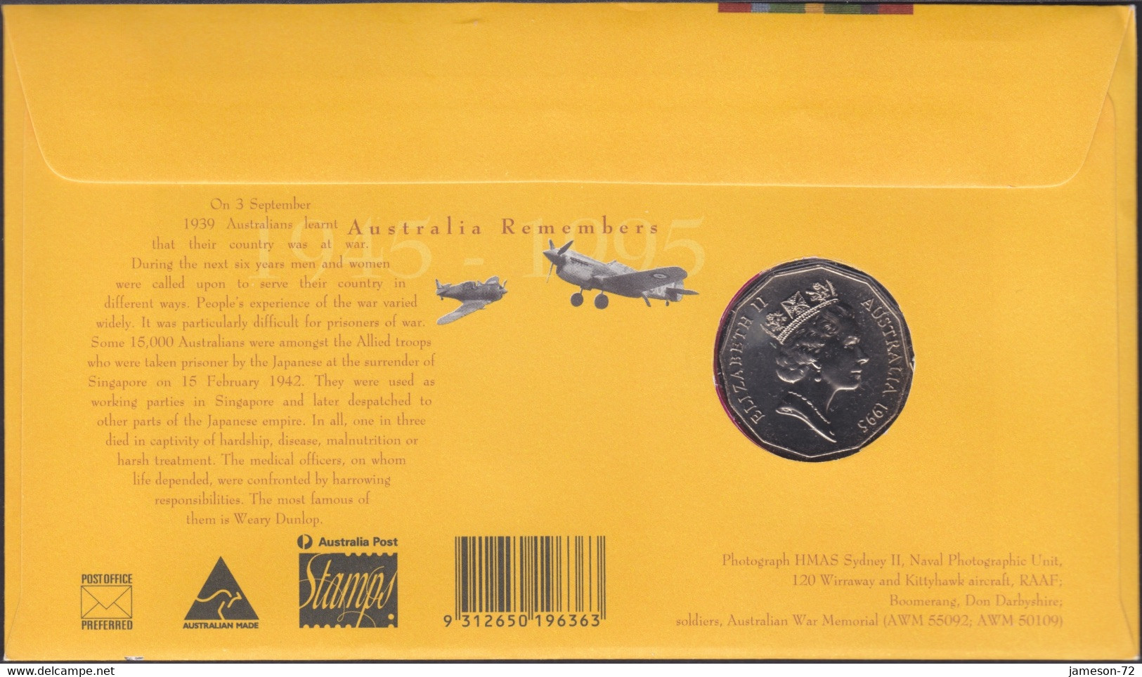 AUSTRALIA - 50 Cents 1995 "Weary Dunlop" KM# 294 First Day Cover - Edelweiss Coins - 50 Cents