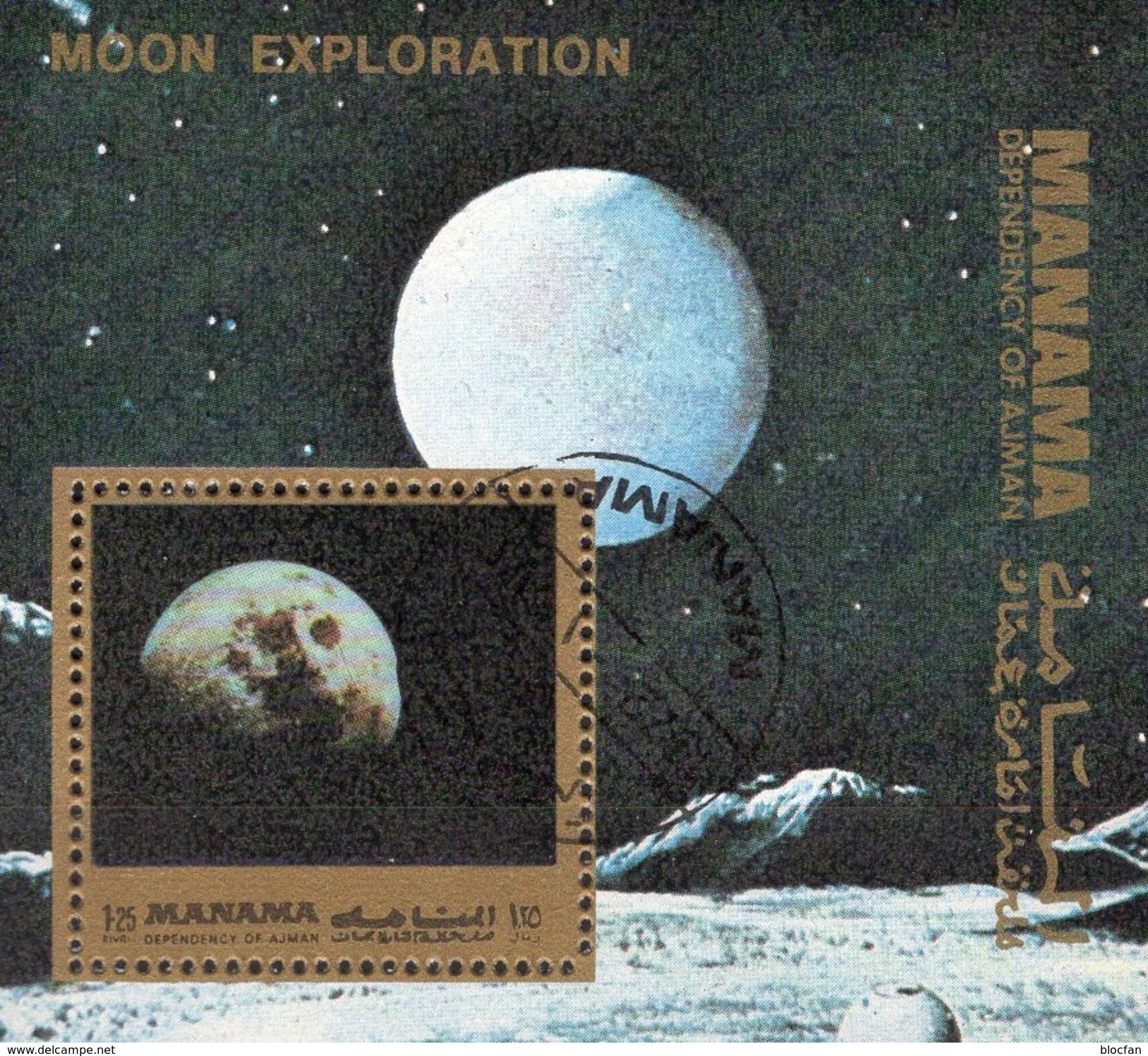 Mond-Oberfläche 1972 Manama Block 184 A O 1€ Perforiert Moon Exploration Raumfahrt Bloque Bloc M/s Space Sheet Ss Bf VAE - Amérique Du Nord