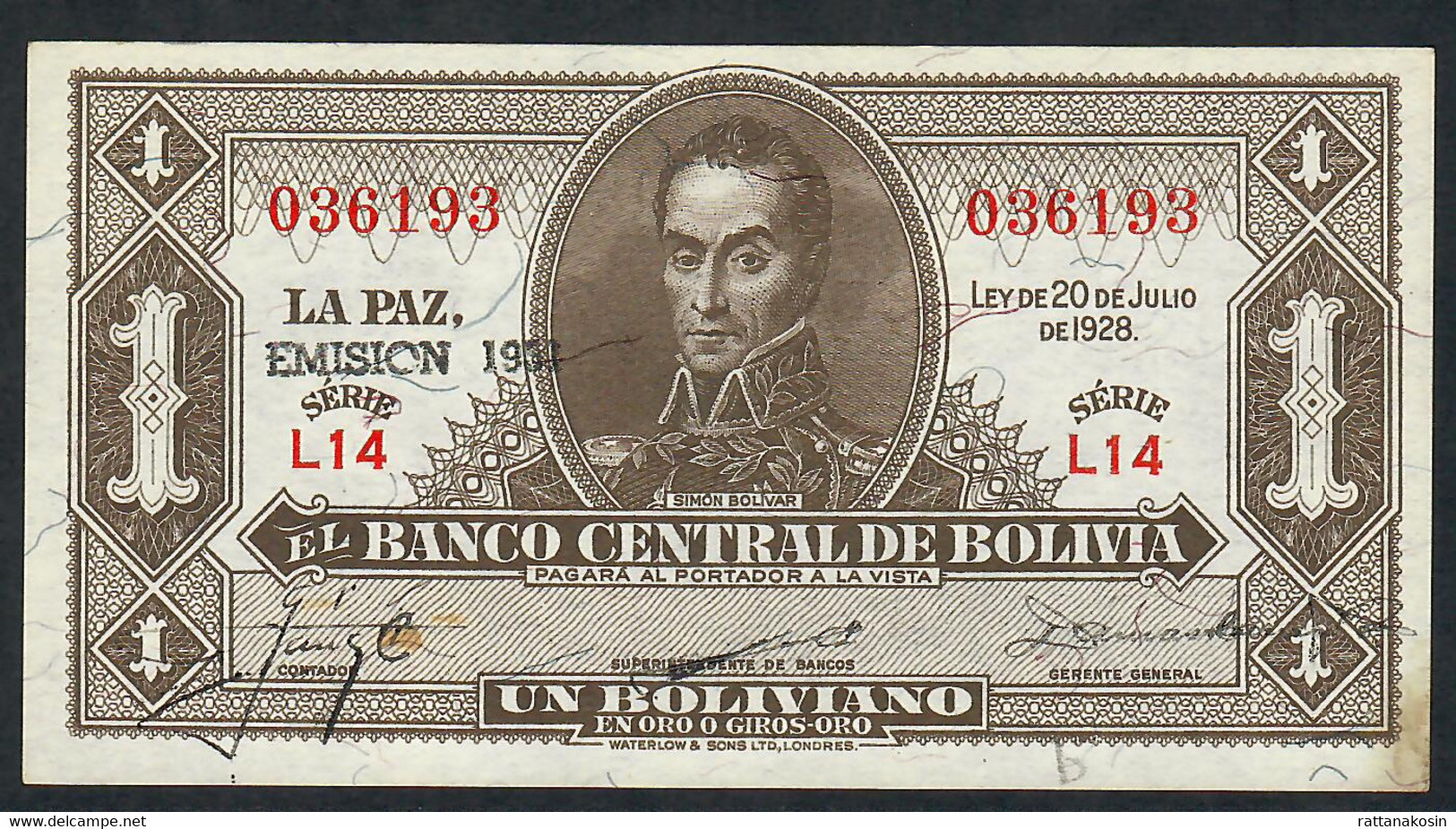 BOLIVIA P128k 1 BOLIVIANO 20.7.1928 EMISION 1951  #L4 Signature 23    AU - Bolivie