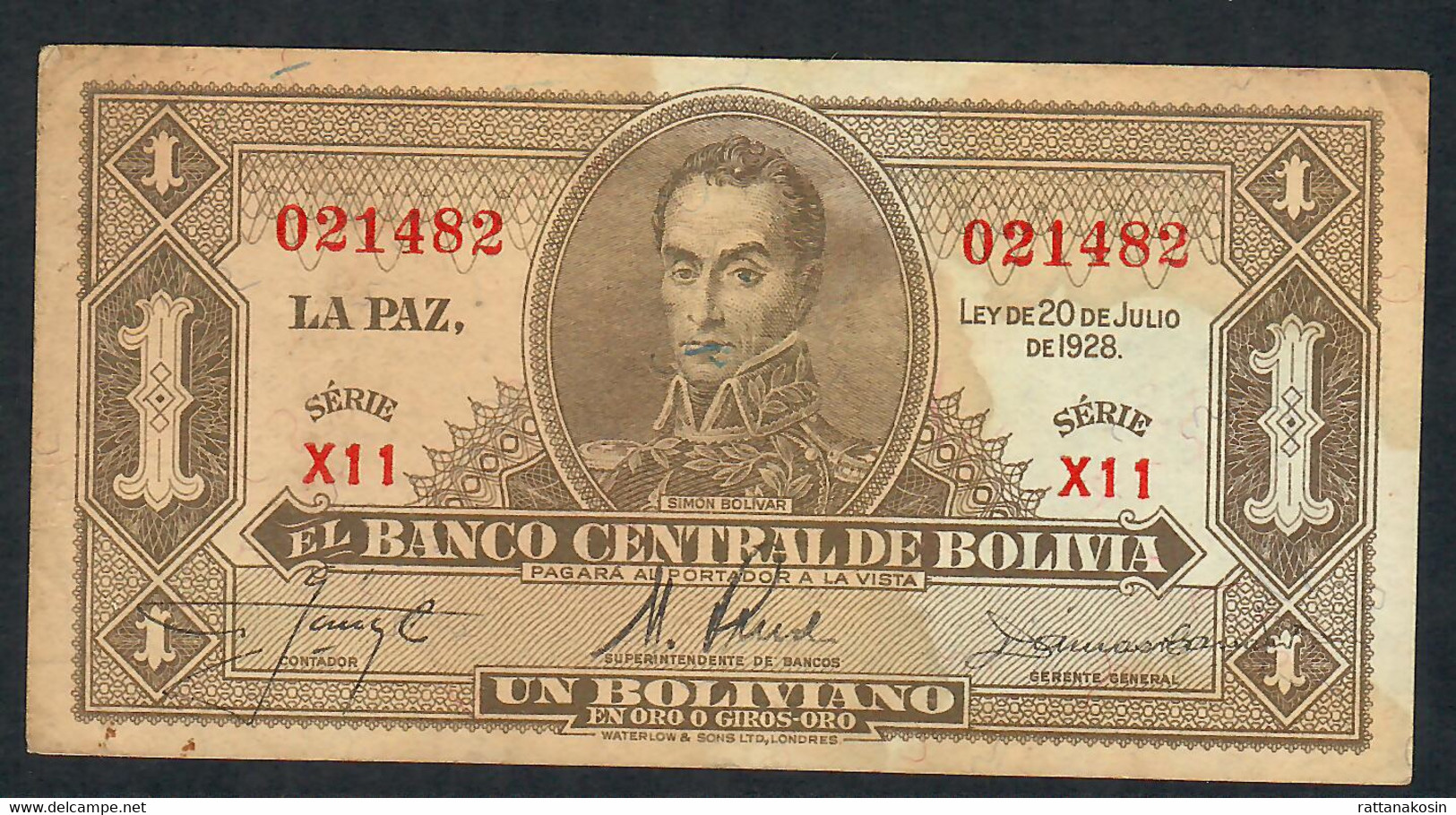 BOLIVIA P128  1 BOLIVIANO  1928 #X11 Signature 22   VF - Bolivië