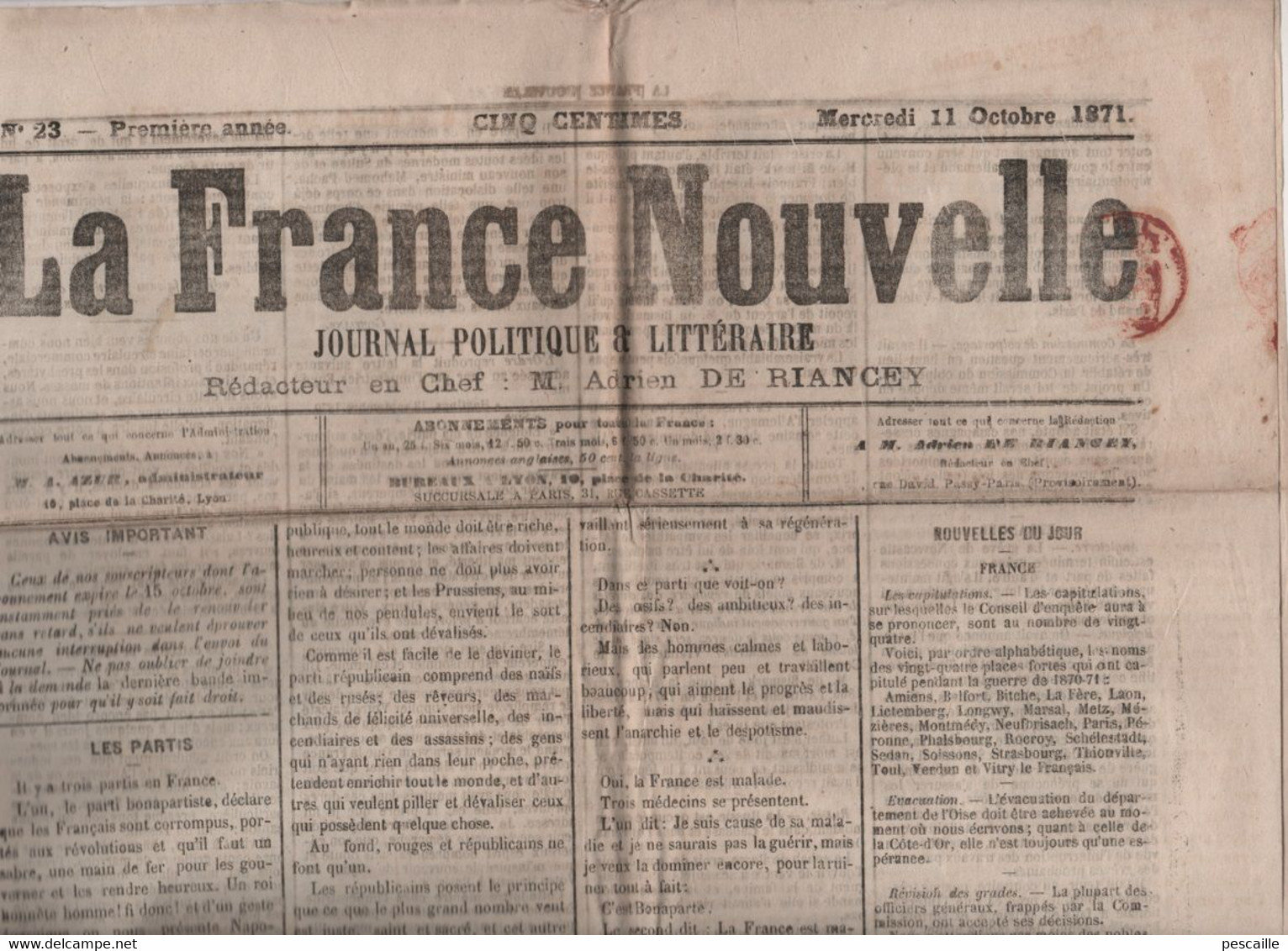 LA FRANCE NOUVELLE 11 10 1871 - PARTIS POLITIQUES - CAPITULATIONS - GREVE NEWCASTLE - TURQUIE - GRILLEURS DE MARRONS - 1850 - 1899