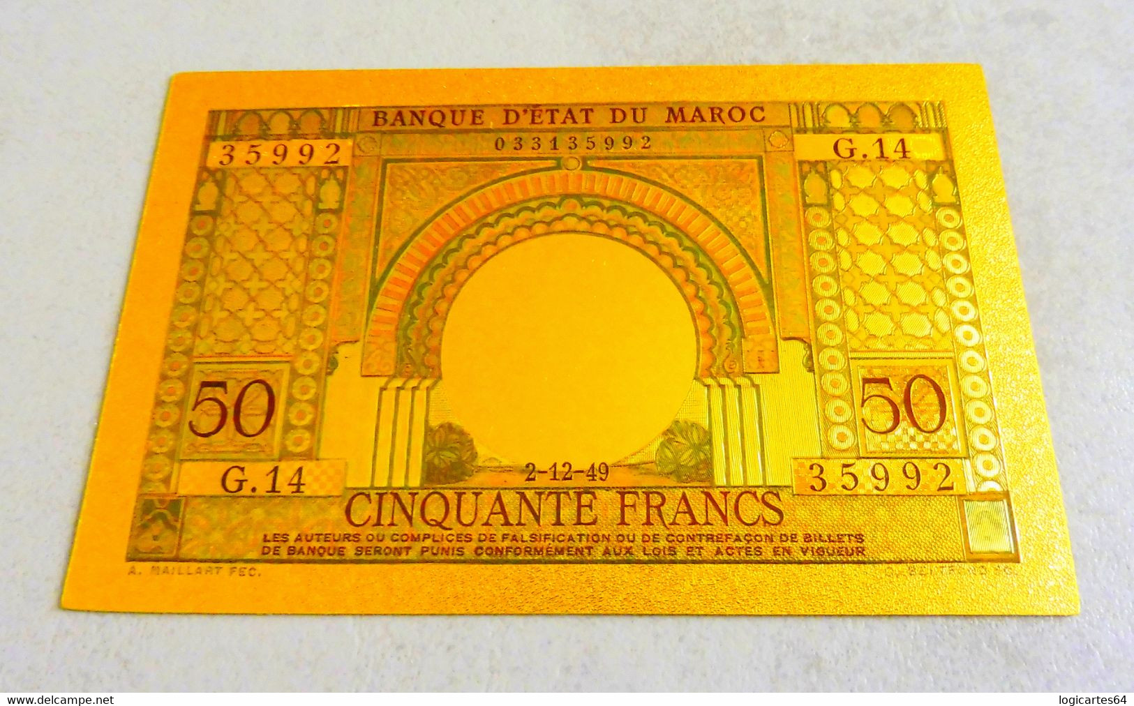 ★ MAROC : BILLET POLYMER " OR " AVEC COULEURS DU 50 FRANCS ANNEES 1950 ★ - Marokko