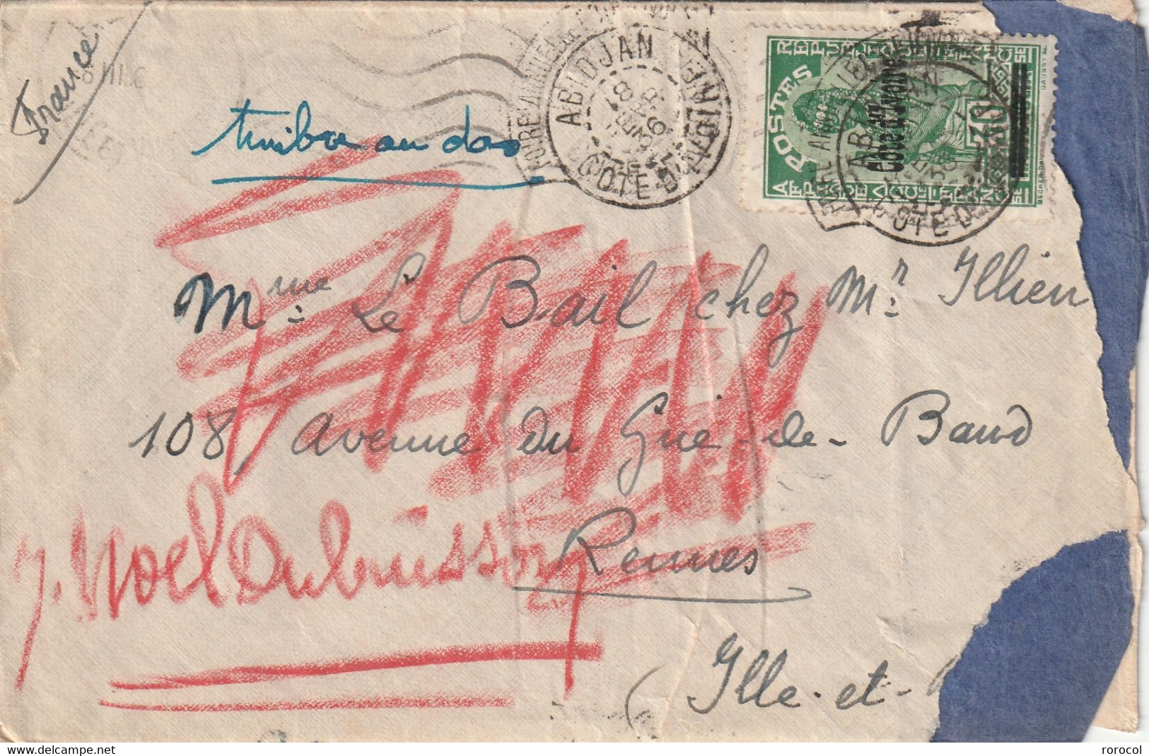 COTE D'IVOIRE LETTRE 1936 CACHET FOIRE ANNUELLE ABIDJEAN DECHIRURES - Briefe U. Dokumente