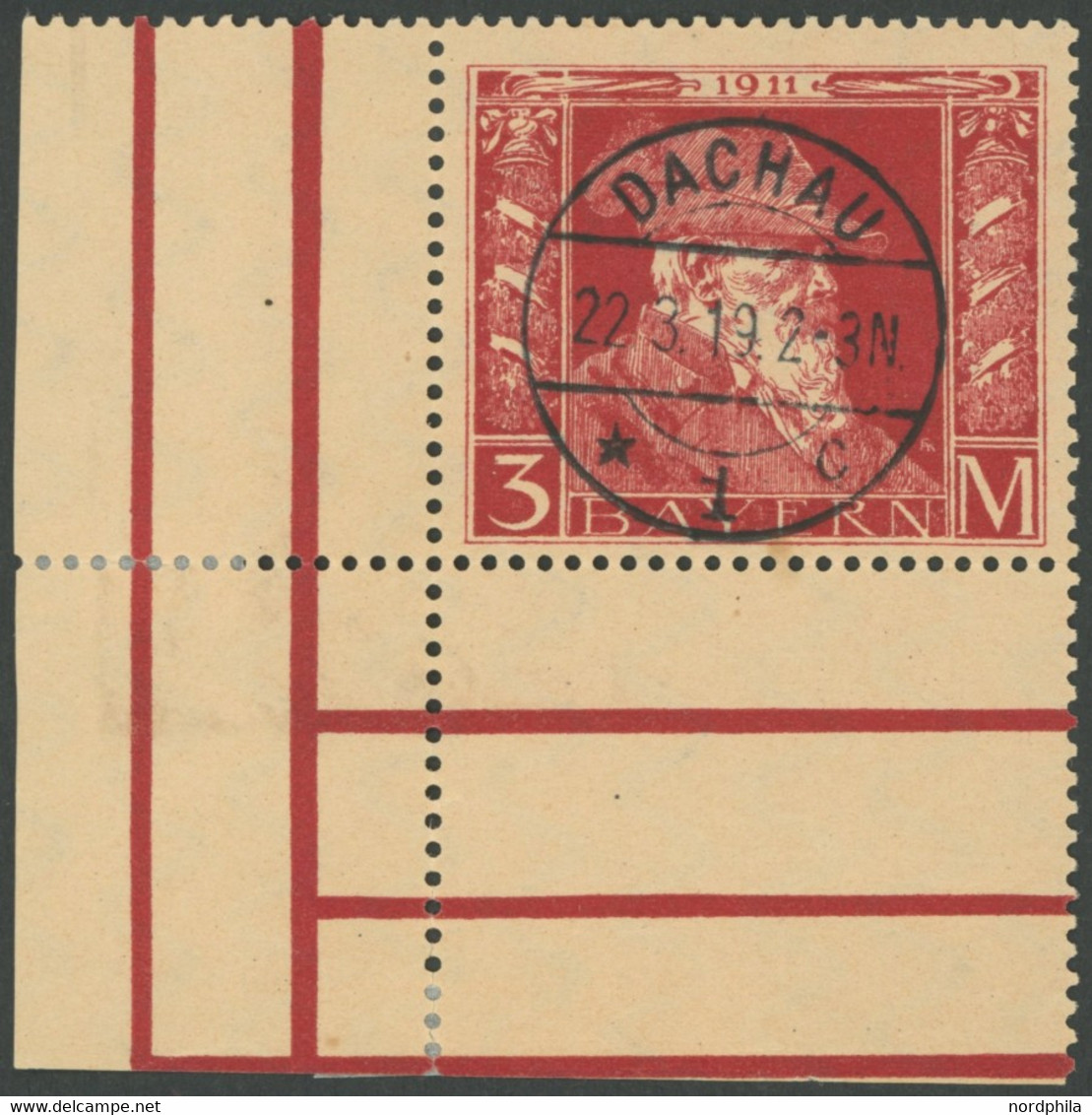 BAYERN 88II O, 1911, 3 M. Luitpold, Type II, Linke Untere Bogenecke, Stempel DACHAU, Pracht - Other & Unclassified