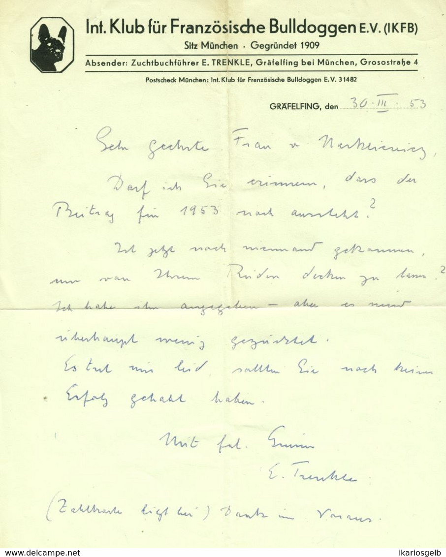 Gräfelfing B München 1953 Deko Rechnung /Kopf " Int.Klub Für Französische Bulldoggen E.V. Grosostr.4" Facture - Agricultura