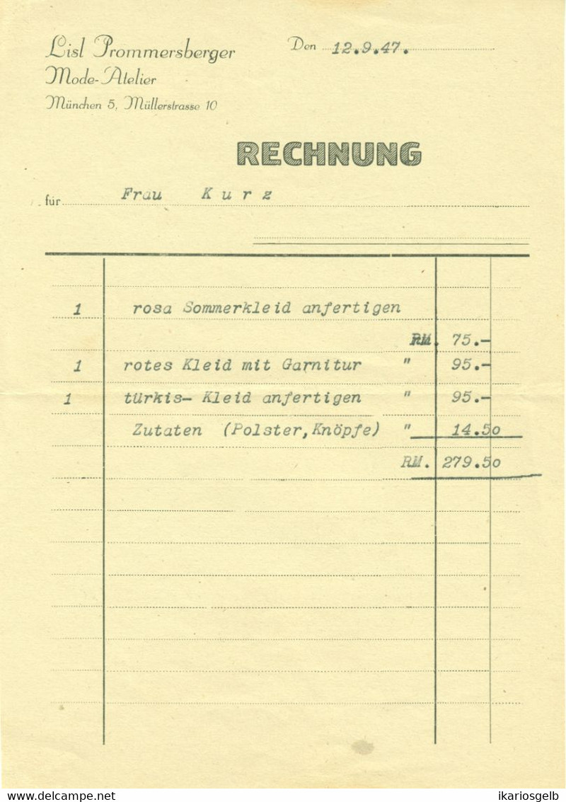 München 1947 Rechnung " Lisl Prommersberger Mode-Atelier Müllerstr.10 " Facture - Vestiario & Tessile