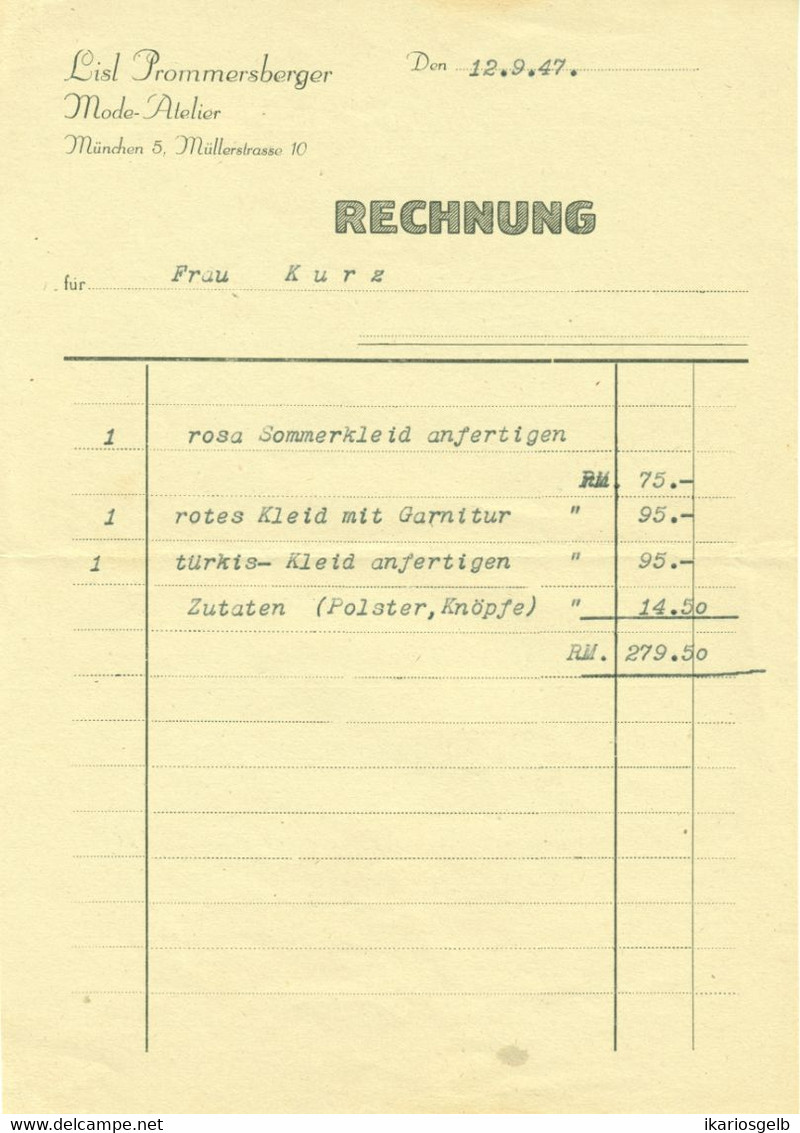 München 1947 Rechnung " Lisl Prommersberger Mode-Atelier Müllerstr.10 " Facture - Kleidung & Textil