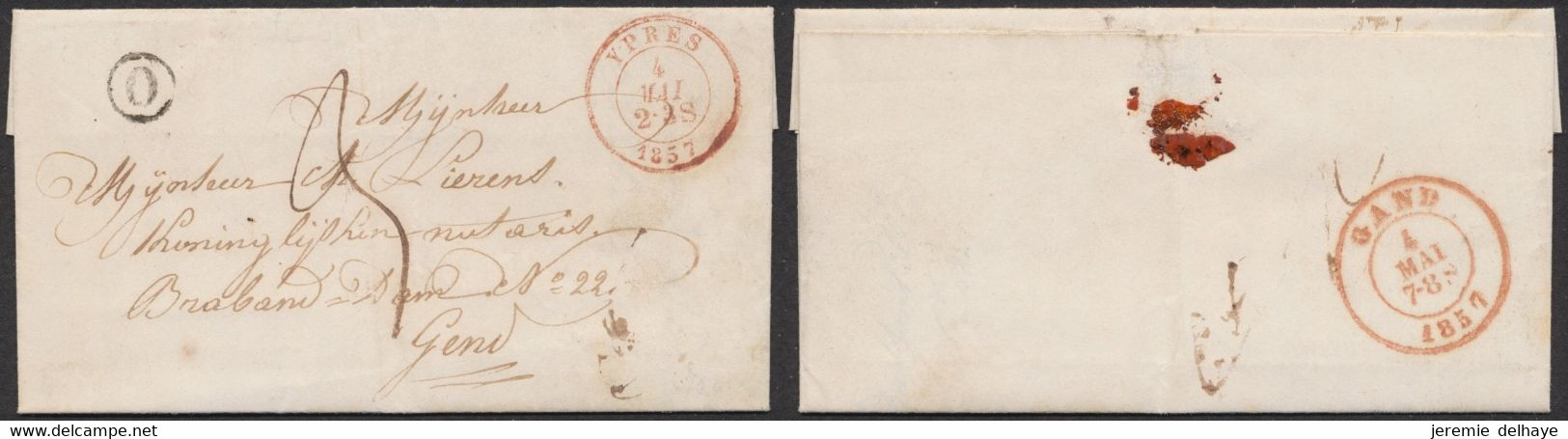 LAC Non Affranchie + Cachet Dateur "Ypres" (1857) Et Boite Rurale "O", Port "3" > Gent - Posta Rurale