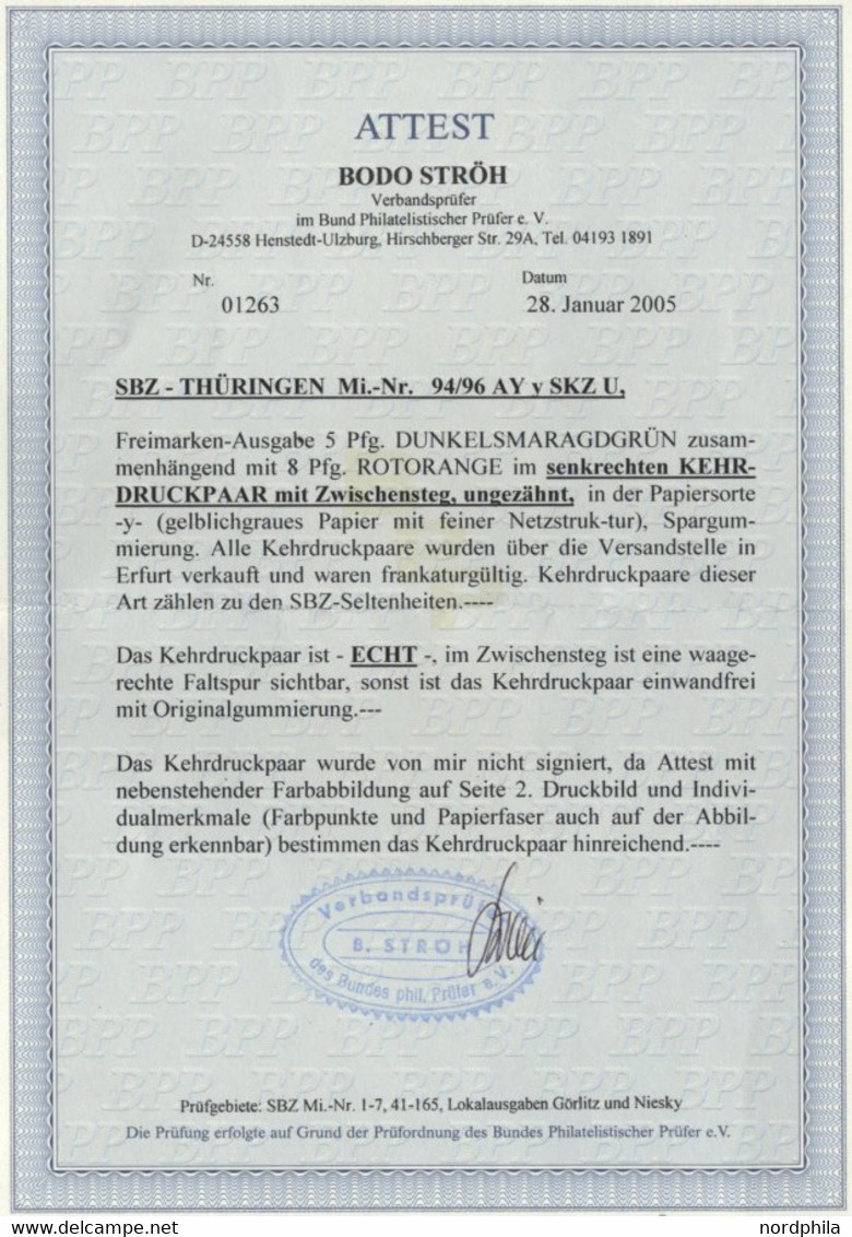 THÜRINGEN 94/6SKZU **, 1945, 5 Pf. Gelblichgrün Und 8 Pf. Rotorange Im Senkrechten Kehrdruckpaar Mit Zwischensteg, Ungez - Other & Unclassified