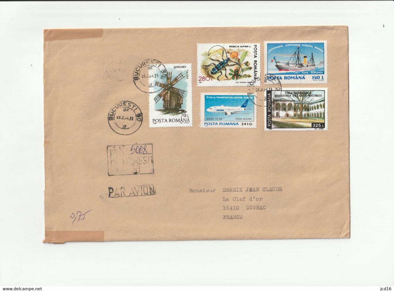 ROUMANIE ENVELOPPE 5 Timbres De 1993/1994/1995 Avion, Moulin, Bateau Insecte  Adriana CUCU Cachet Bucarest 1996 - Postmark Collection